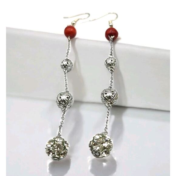 Artisan Shoulders Dusters Earrings Pierced Silver Tone Red Stone Like Beads - Picture 5 of 6